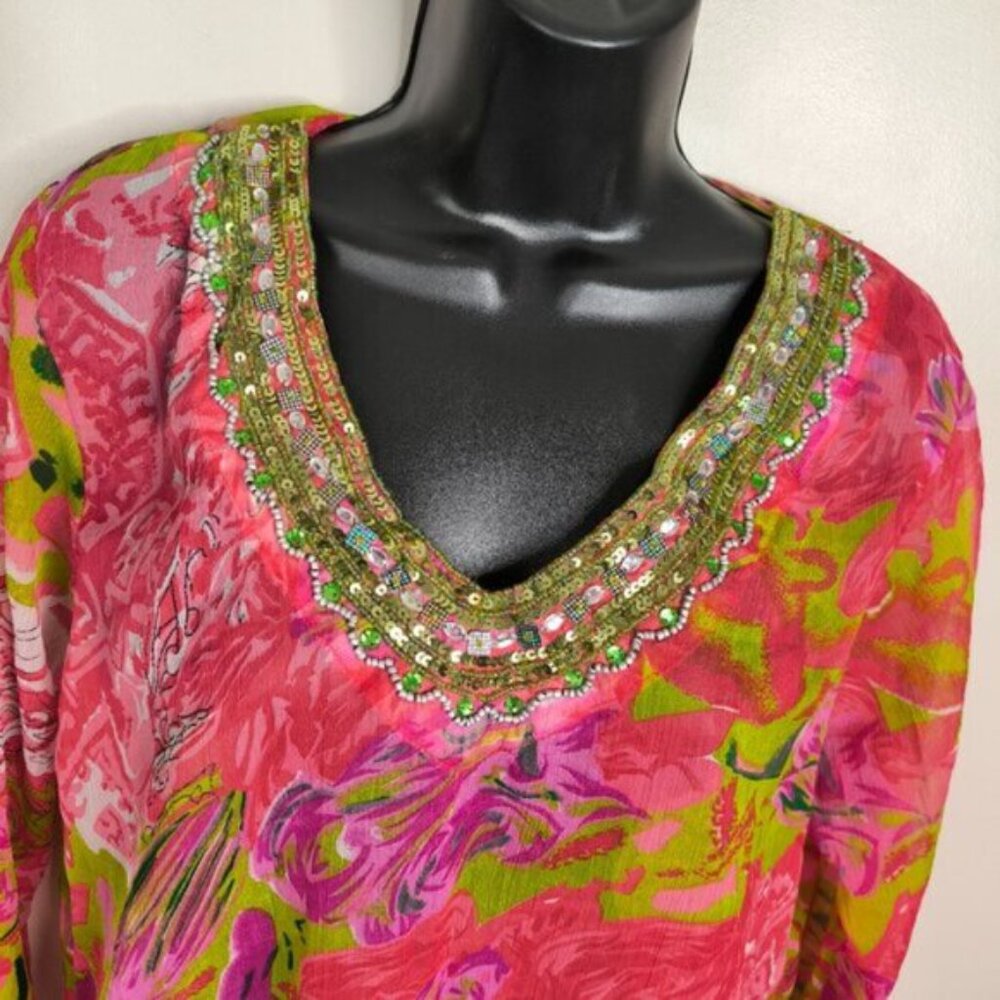 Vintage Sahiba Boho Beaded Abstract Floral Sheer Fairy Whimsical Swim Cover L - Picture 3 of 7